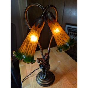 Antique 1900s Art Nouveau Bronze Tiffany Style Accordion Boy Spelter Lamp Table